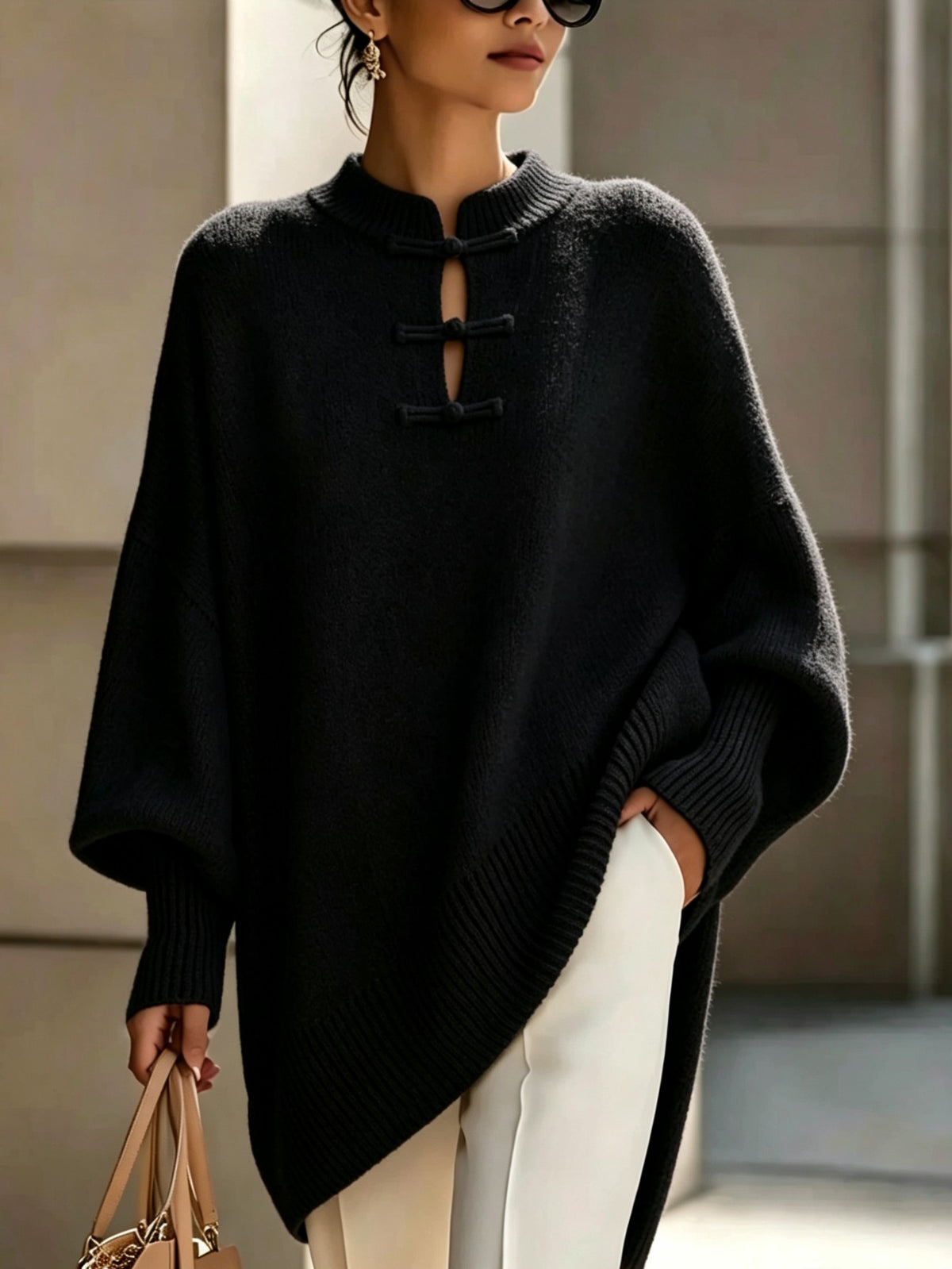 Plus Size - Midden-Oosterse Chinese Elegante Casual Losse Stijl Dames Casual Ronde Hals Button-Up Effen Kleur Sexy Slim Fit Pullover Trui, Zachte Comfortabele Stof, Casual Herfst Winter Uitje Top, Mooie Zachte Warme Dames Trui