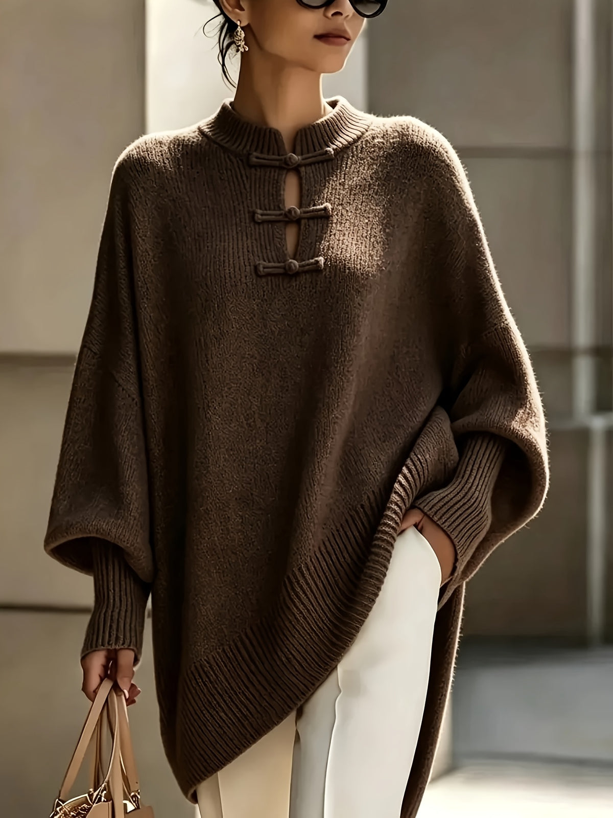 Plus Size - Midden-Oosterse Chinese Elegante Casual Losse Stijl Dames Casual Ronde Hals Button-Up Effen Kleur Sexy Slim Fit Pullover Trui, Zachte Comfortabele Stof, Casual Herfst Winter Uitje Top, Mooie Zachte Warme Dames Trui