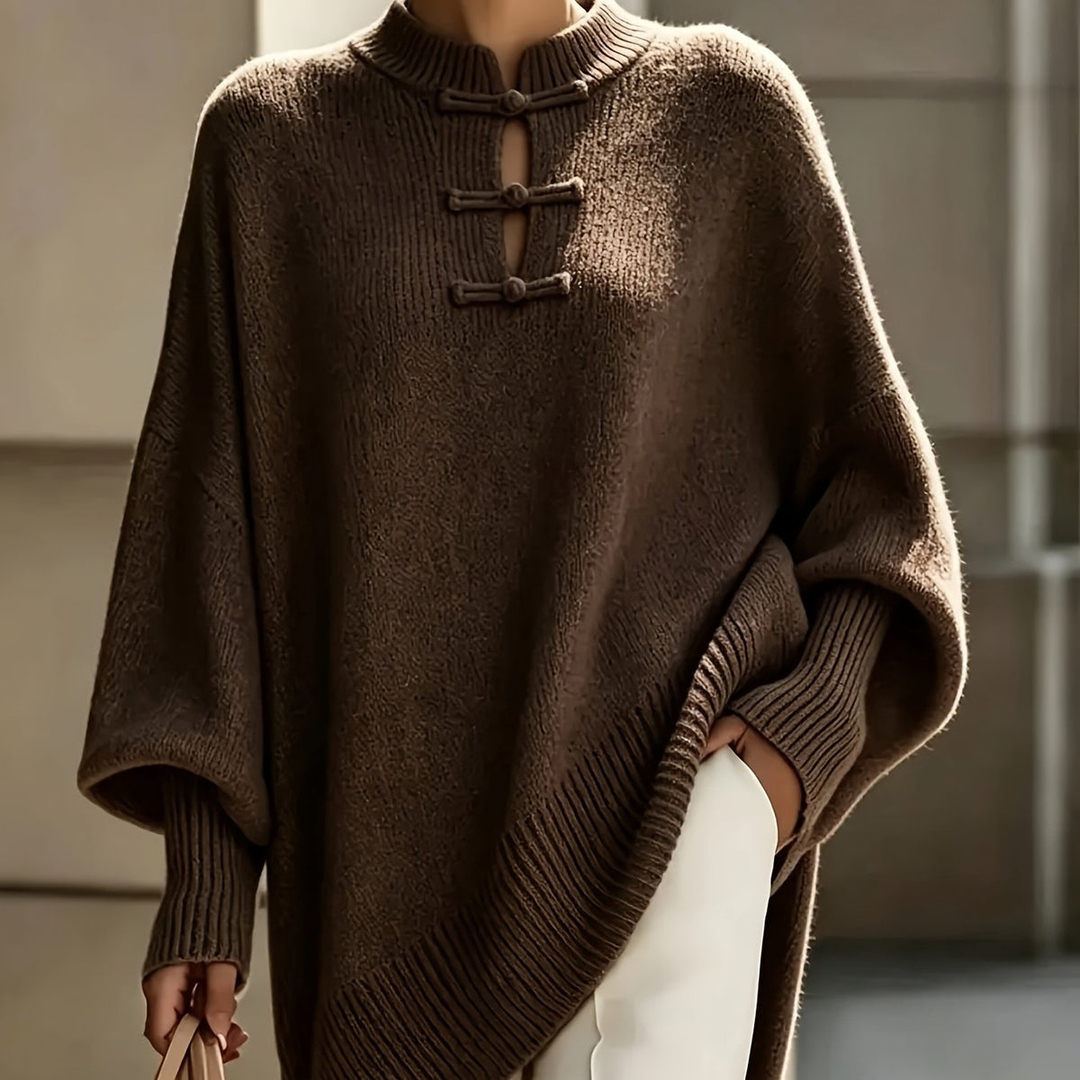 Plus Size - Midden-Oosterse Chinese Elegante Casual Losse Stijl Dames Casual Ronde Hals Button-Up Effen Kleur Sexy Slim Fit Pullover Trui, Zachte Comfortabele Stof, Casual Herfst Winter Uitje Top, Mooie Zachte Warme Dames Trui